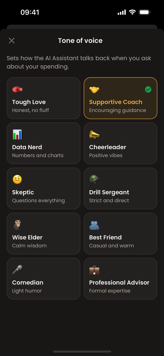 Moongen assistant tone of voice picker: ten tones including Supportive Coach, Data Nerd and Drill Sergeant
