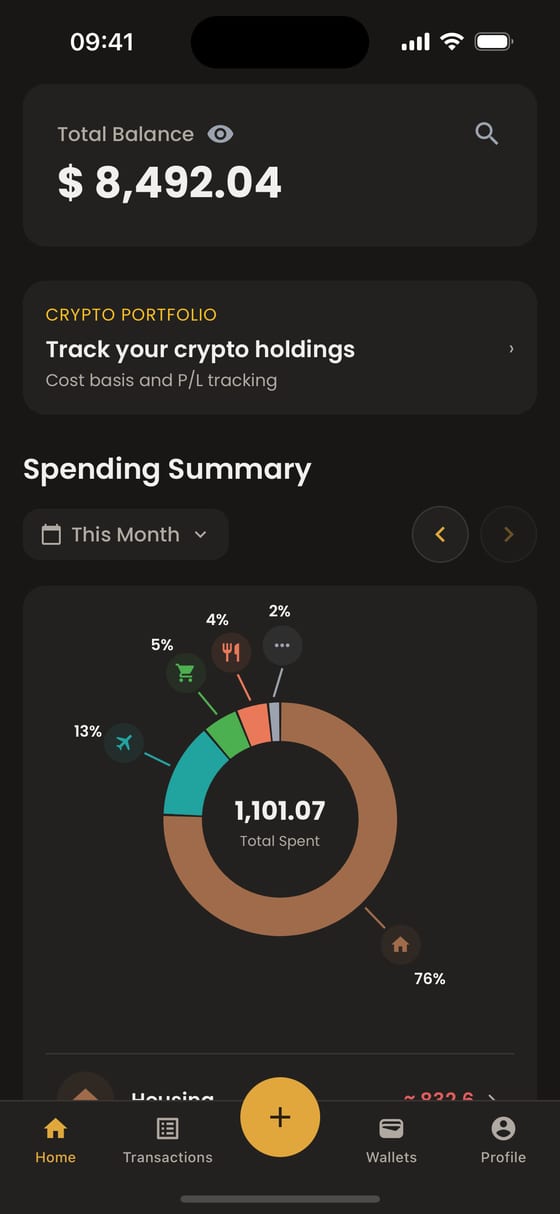 Moongen home screen: total balance $8,492.04 and this month's spending summary