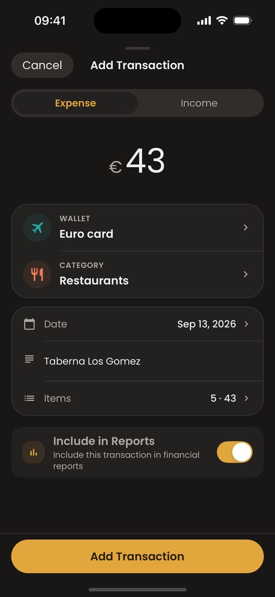 Moongen receipt draft: a scanned receipt from Taberna Los Gomez read into a draft with 5 items detected, ready to review