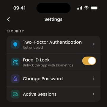 Moongen security settings: Two-Factor Authentication, Face ID Lock, Change Password and Active Sessions under a Security heading