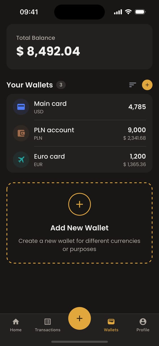 Moongen wallets screen: a USD card, a PLN account and a EUR card, total balance $8,492.04